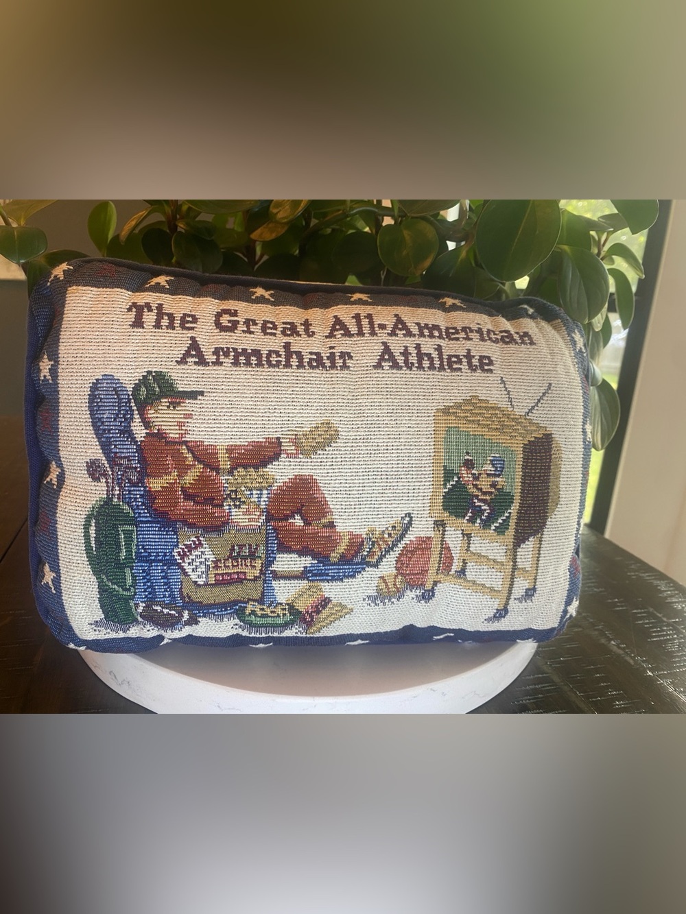 Vintage Tapestry Throw Pillow Great All-American Armchair Athlete Sports 11x8